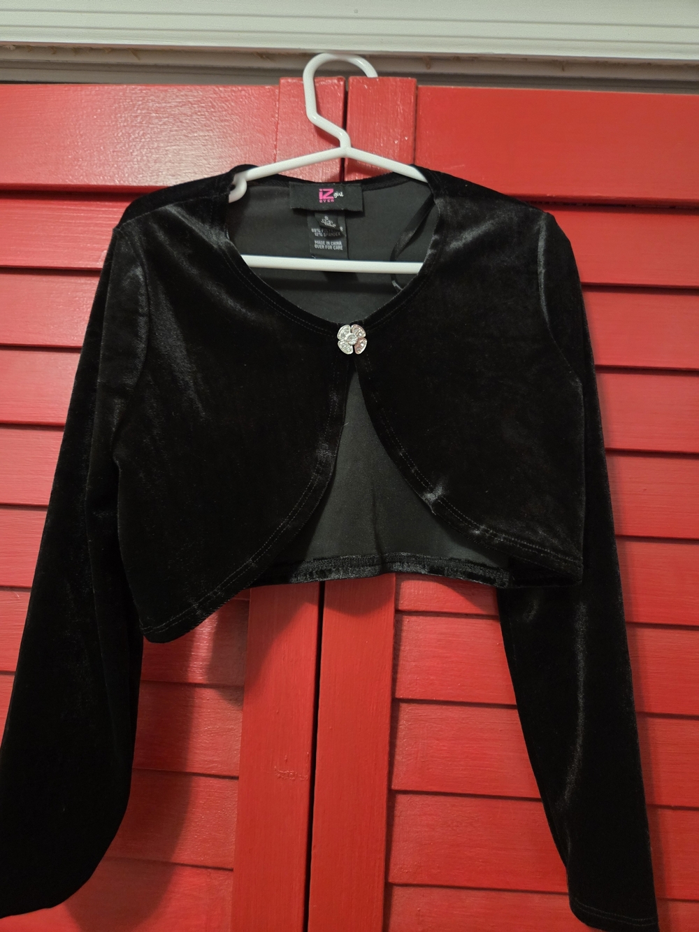 Iz Byer Black Velvet Cropped Bolero with Rhinestone Button